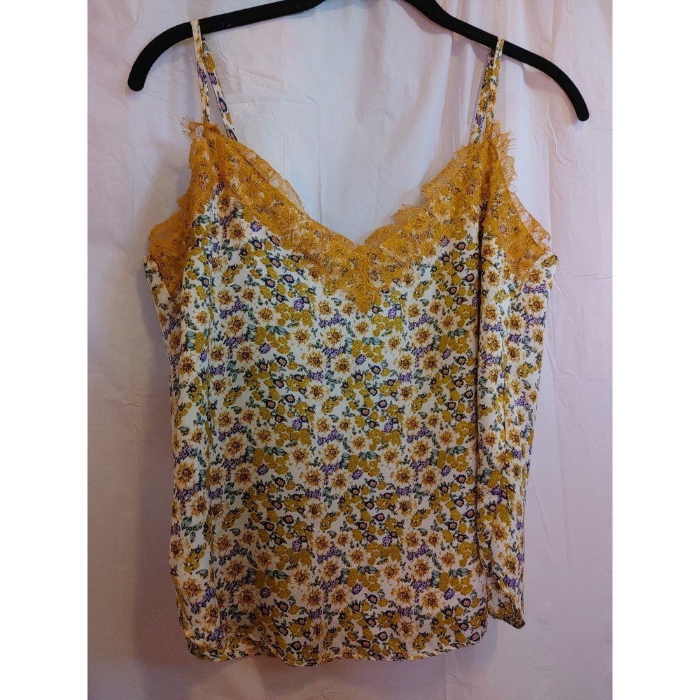 Heartloom Cami Womens Small Floral V-Neck Lace Tank Top Yellow Lined Sz S